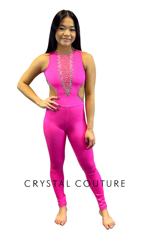 Hot Pink Unitard with Full Length Pants & Side Cutouts - Rhinestones