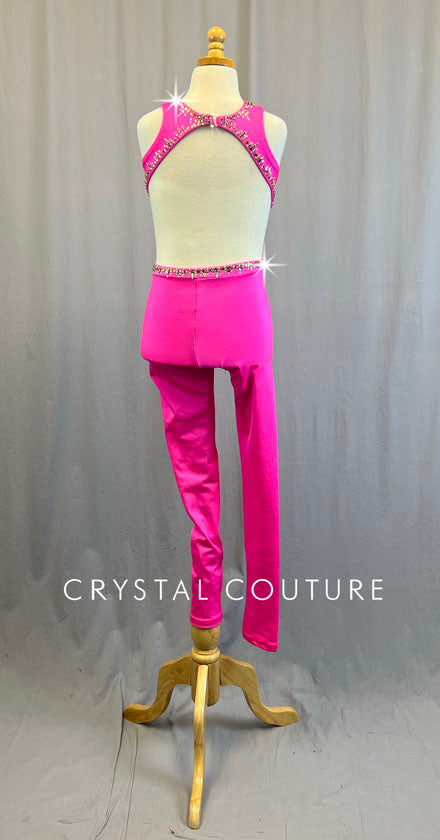 Hot Pink Unitard with Full Length Pants & Side Cutouts - Rhinestones