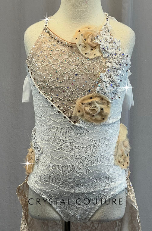Custom White and Beige Lace Leotard with Back Skirt & Ruffled Straps - Rhinestones