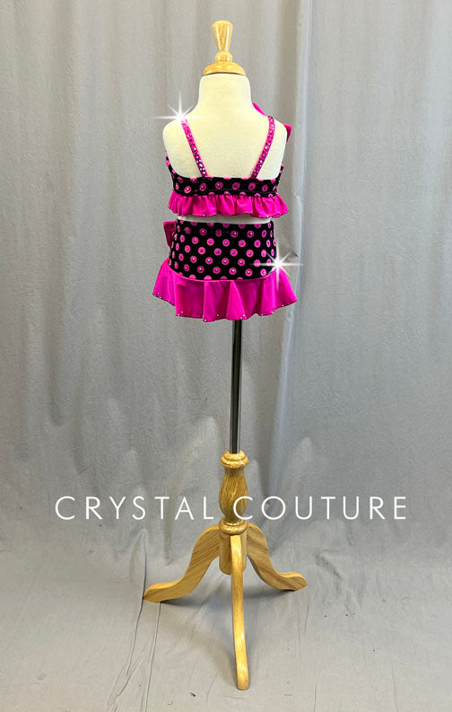 Custom Black & Pink Polka Dot Two Piece with Ruffled Skirt - Rhinestones