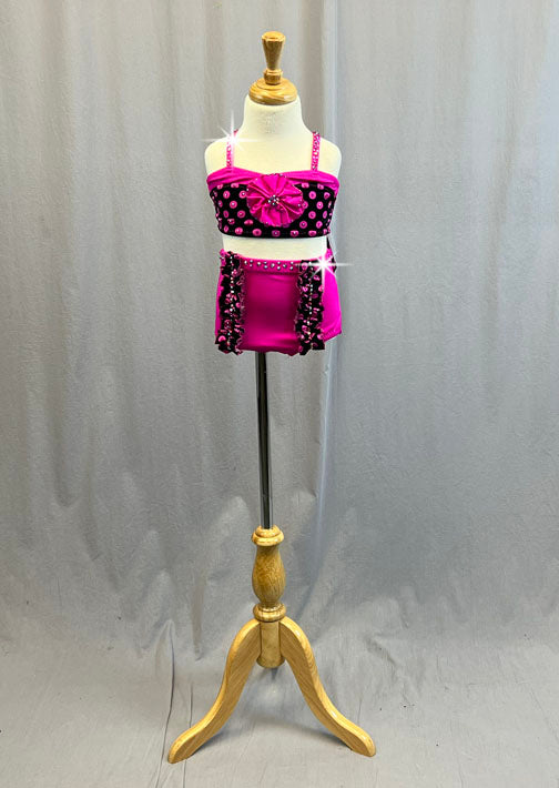 Custom Black & Pink Polka Dot Two Piece with Ruffled Trunks - Rhinestones