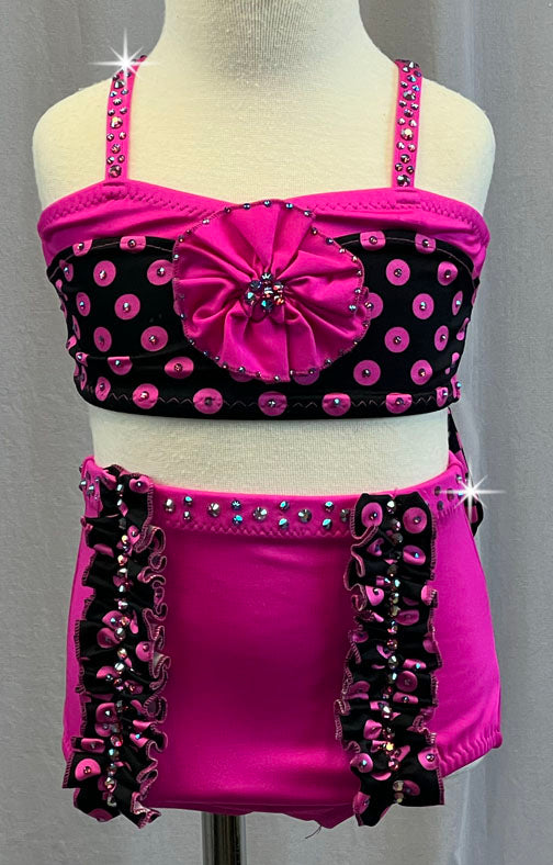 Custom Black & Pink Polka Dot Two Piece with Ruffled Trunks - Rhinestones