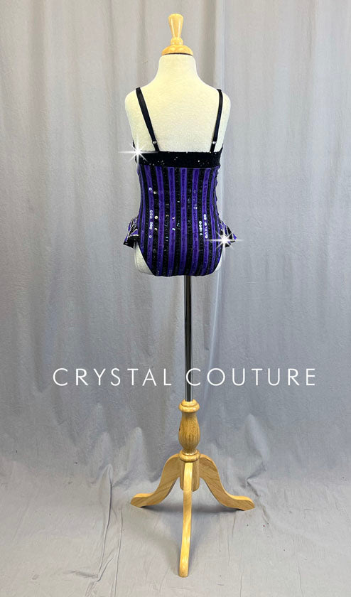 Purple and Black Striped Sequined Leotard with Hip Line Ruffles - Rhinestones