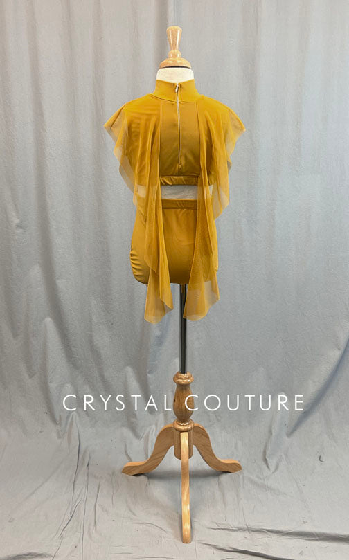 Mustard Yellow Mock Neck Two Piece with Mesh Drape Sleeves