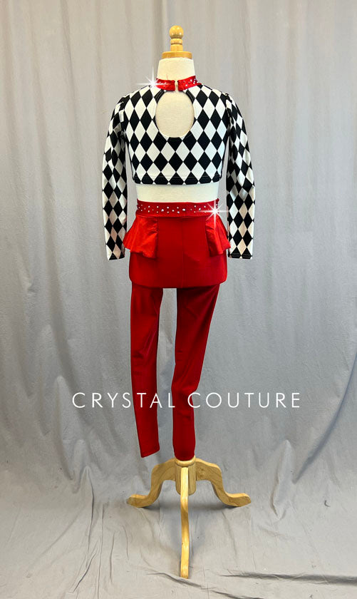 Custom Black and White Checkered Long Sleeve Top with Red Ruffled Leggings - Rhinestones