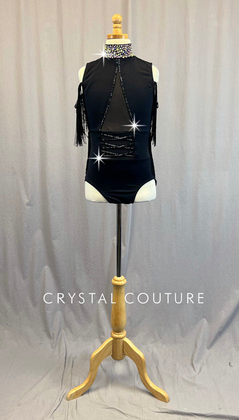 Black Mock Neck Leotard with Fringe Off Shoulder Sleeves - Rhinestones