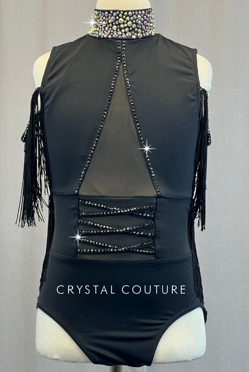 Black Mock Neck Leotard with Fringe Off Shoulder Sleeves - Rhinestones