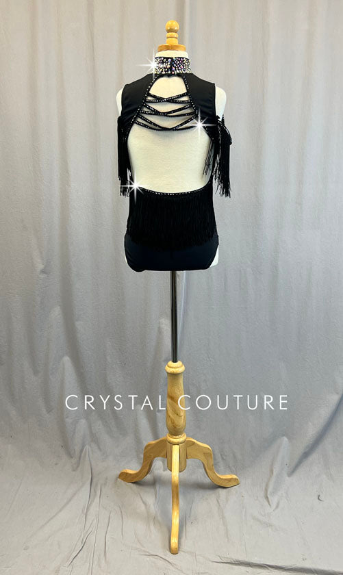 Black Mock Neck Leotard with Fringe Off Shoulder Sleeves - Rhinestones