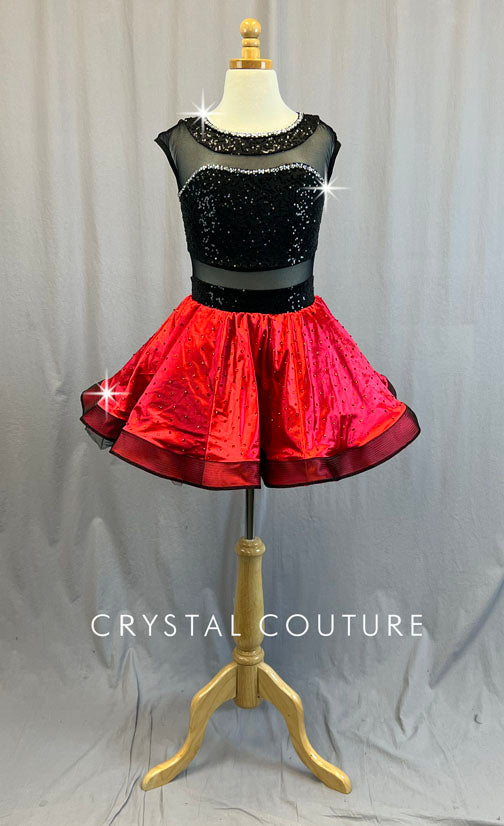 Black Zsa Zsa and Sheer Mesh with Red Satin Skirt - Rhinestones