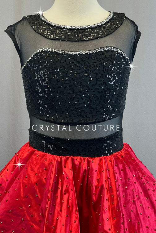 Black Zsa Zsa and Sheer Mesh with Red Satin Skirt - Rhinestones