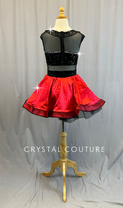 Black Zsa Zsa and Sheer Mesh with Red Satin Skirt - Rhinestones