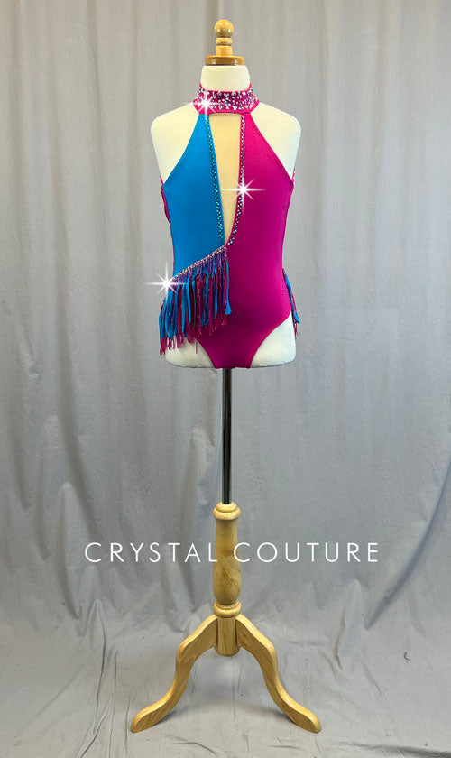 Custom Pink and Blue Open Back Leotard with Asymmetrical Fring Skirt - Rhinestones