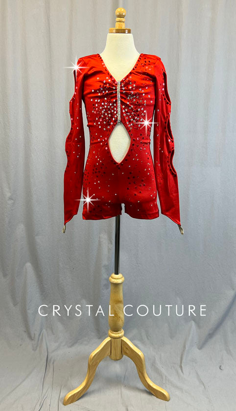 Red Long Sleeved Biketard with Cutouts - Rhinestones