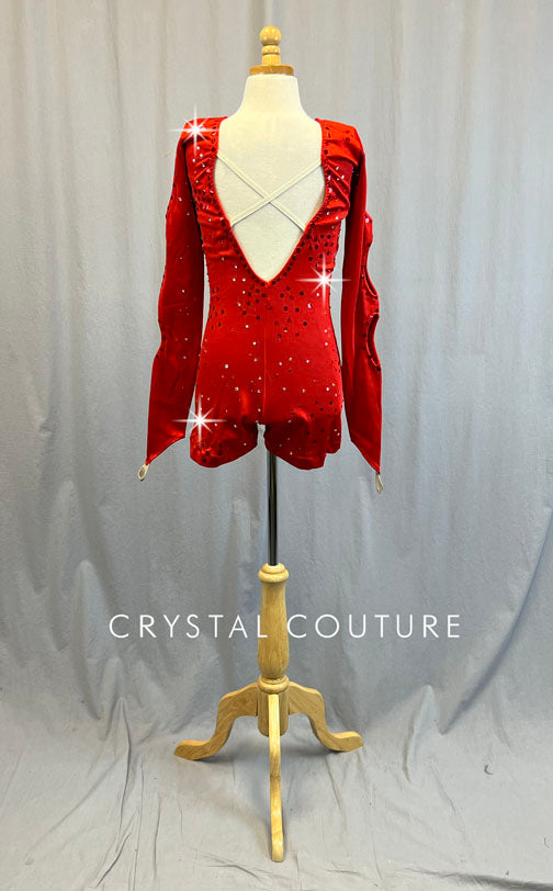 Red Long Sleeved Biketard with Cutouts - Rhinestones