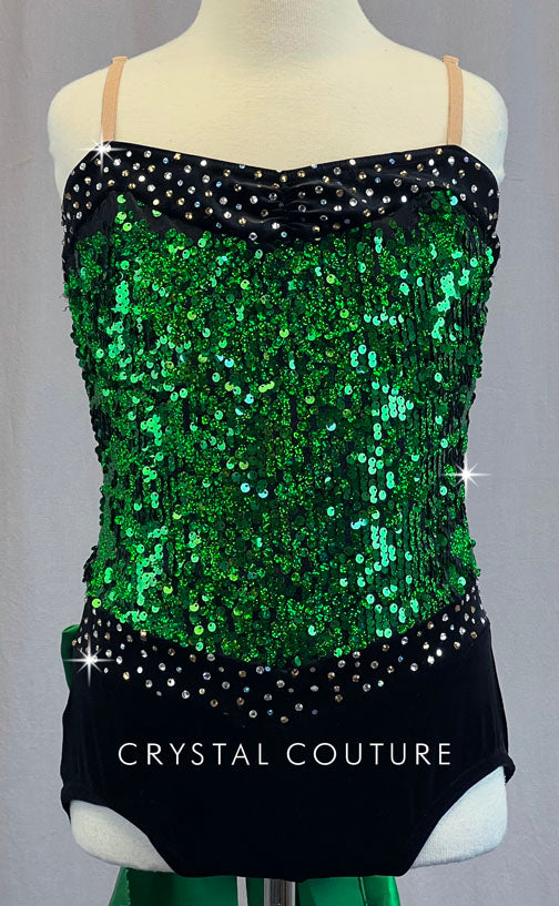 Green Sequin Leotard with Velour Bottoms & Back Bow - Rhinestones