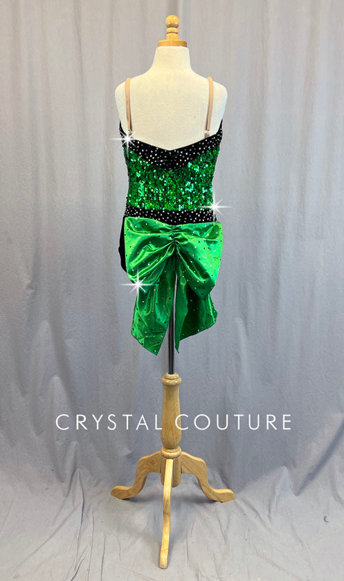 Green Sequin Leotard with Velour Bottoms & Back Bow - Rhinestones