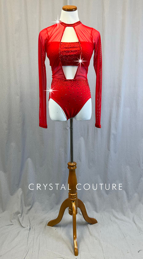 Red Open Front Mesh Leotard - Rhinestones