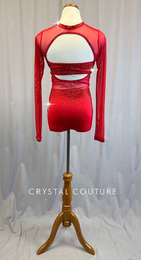 Red Open Front Mesh Leotard - Rhinestones