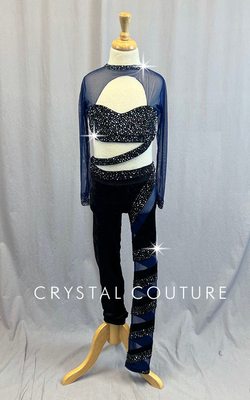 Custom Black Velour and Navy Mesh Connected Two Piece - Rhinestones