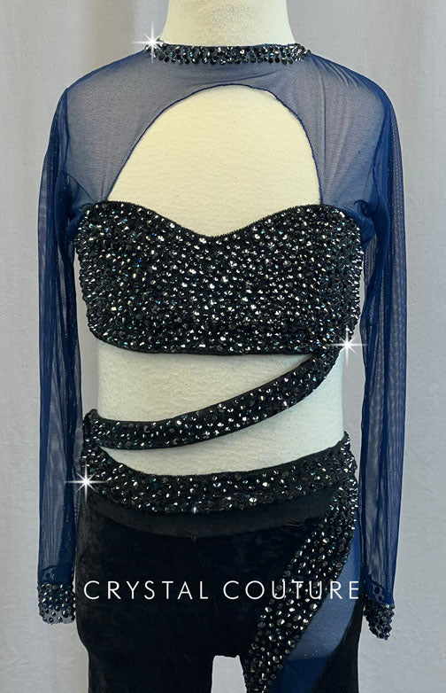 Custom Black Velour and Navy Mesh Connected Two Piece - Rhinestones