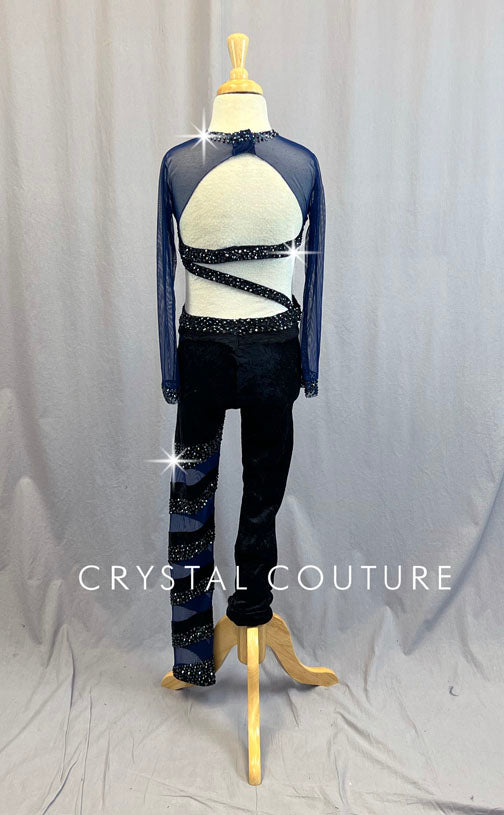 Custom Black Velour and Navy Mesh Connected Two Piece - Rhinestones