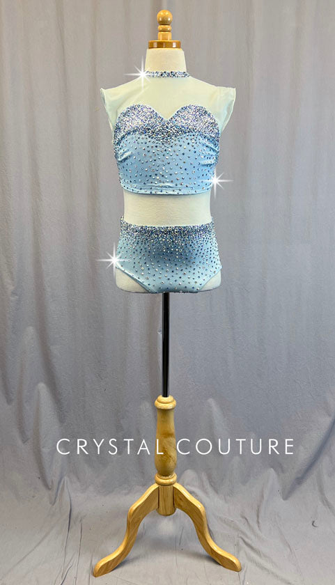 Custom Baby Blue Strappy Back Connected Two Piece with Mesh Cap Sleeves - Rhinestones