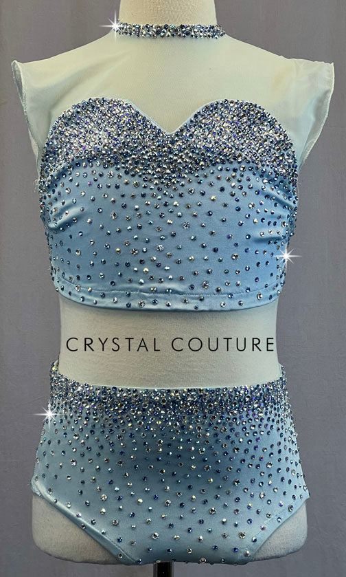 Custom Baby Blue Strappy Back Connected Two Piece with Mesh Cap Sleeves - Rhinestones