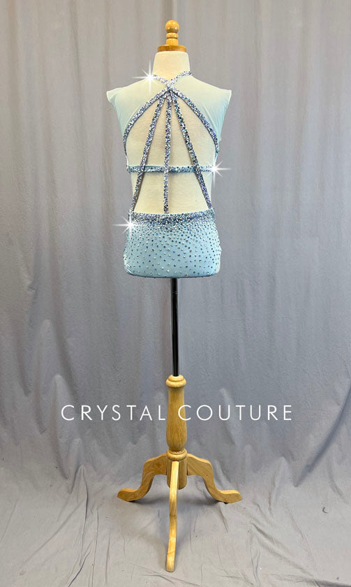 Custom Baby Blue Strappy Back Connected Two Piece with Mesh Cap Sleeves - Rhinestones