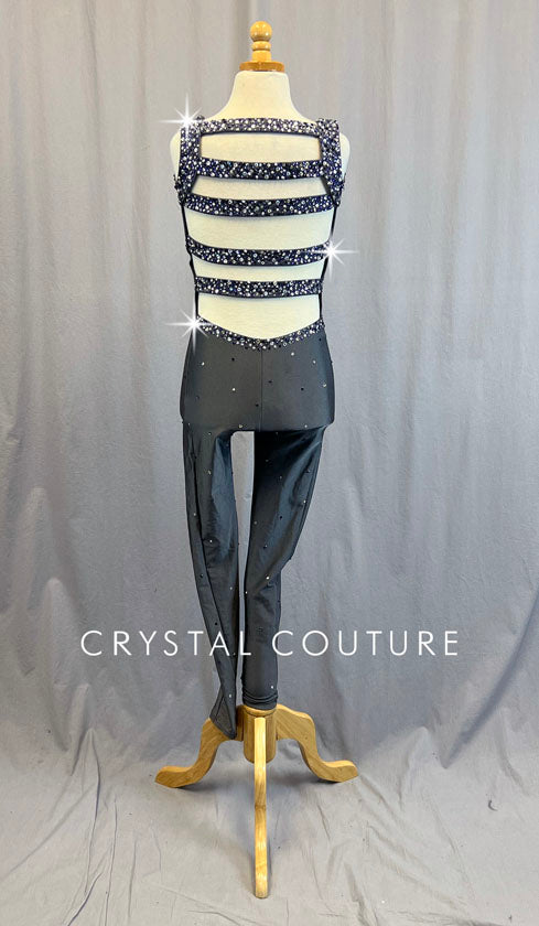 Custom Grey Strappy Back Unitard - Rhinestones