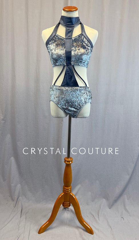 Dusty Blue Velour Connected Two Piece - Rhinestones