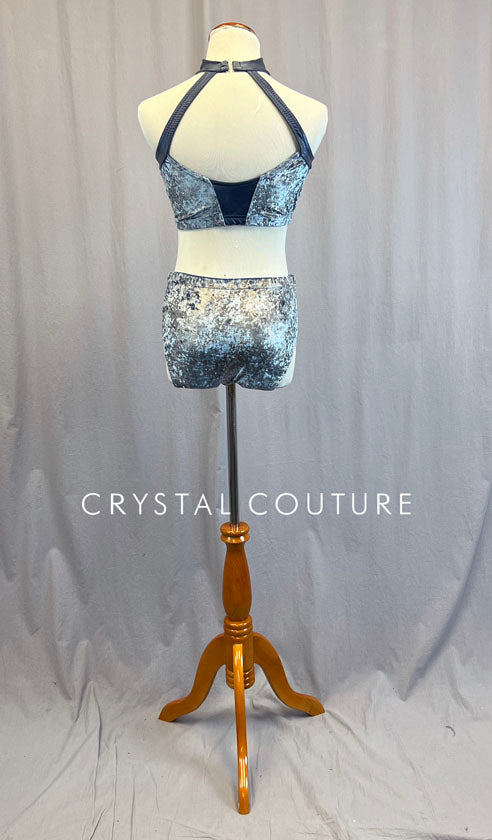 Dusty Blue Velour Connected Two Piece - Rhinestones