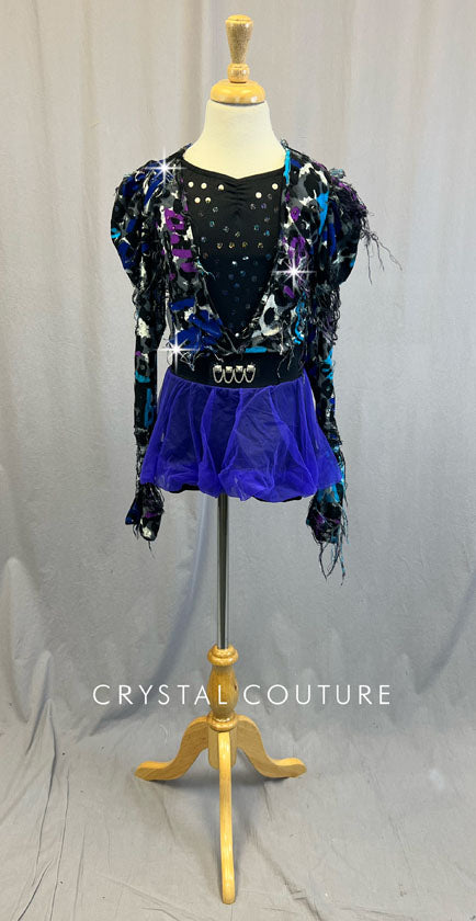 Distressed Animal Print Biketard with Tulle Balloon Skirt - Rhinestones