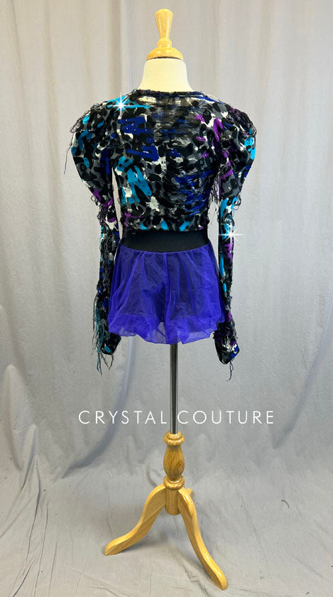 Distressed Animal Print Biketard with Tulle Balloon Skirt - Rhinestones