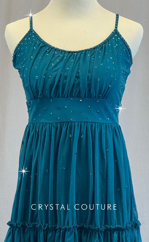 Teal Empire Waist Camisole Dress with Tiered Skirt - Rhinestones