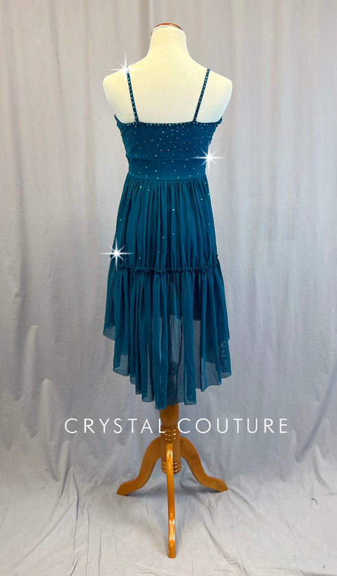 Teal Empire Waist Camisole Dress with Tiered Skirt - Rhinestones