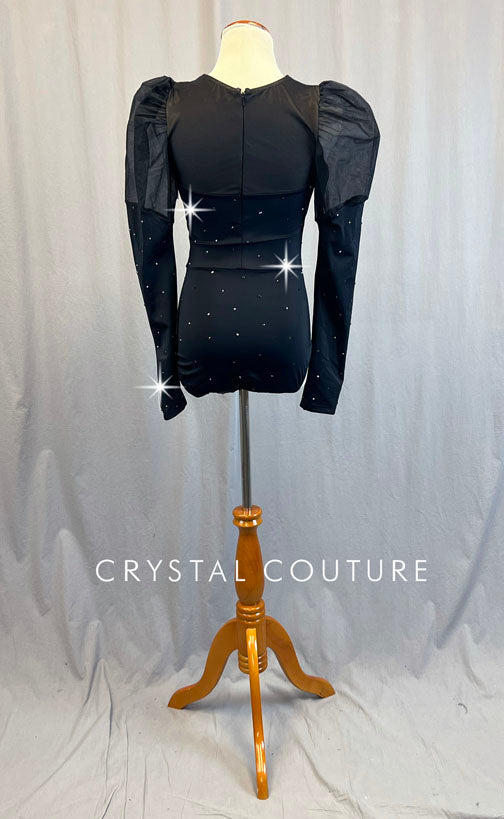 Black Long Sleeve Leotard with Tulle Puffed Shoulders - Rhinestones