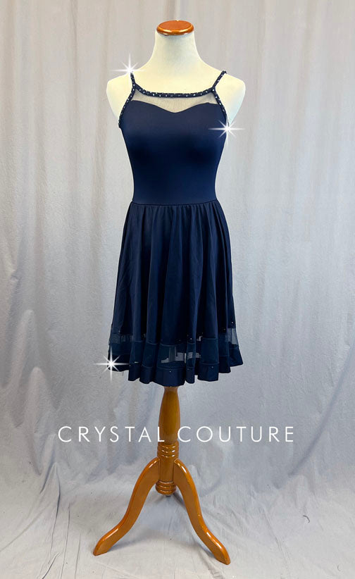 Navy Blue Camisole Dress with Mesh Hem - Rhinestones