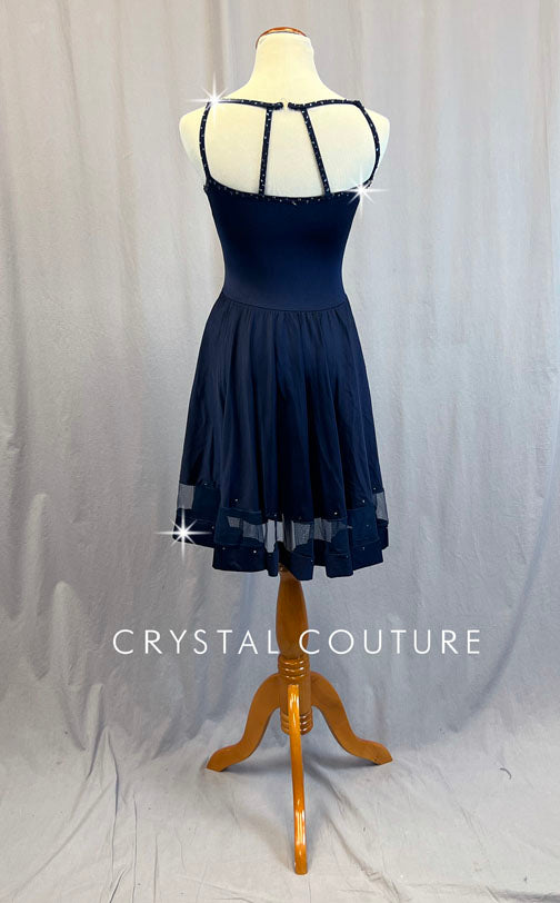 Navy Blue Camisole Dress with Mesh Hem - Rhinestones