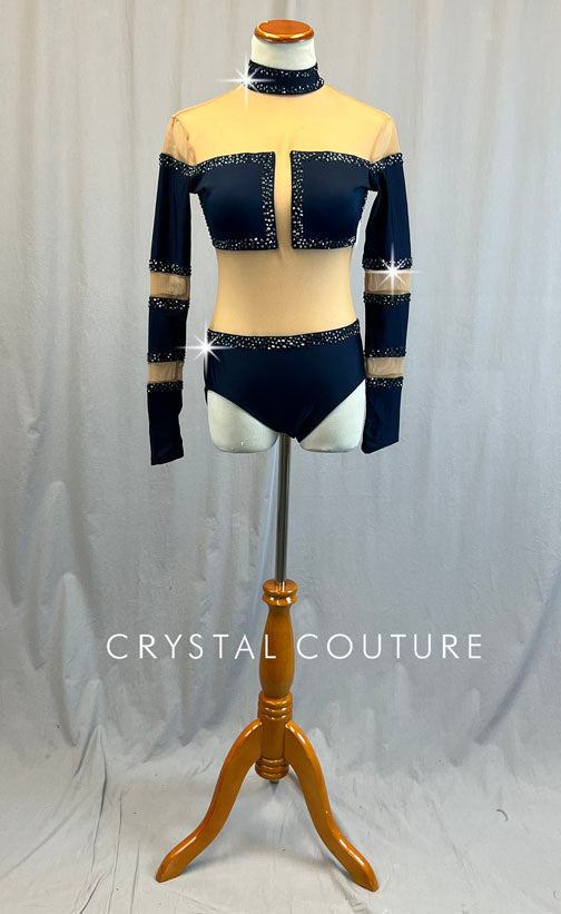 Navy Blue and Nude Mesh Wide Striped Leotard - Rhinestones