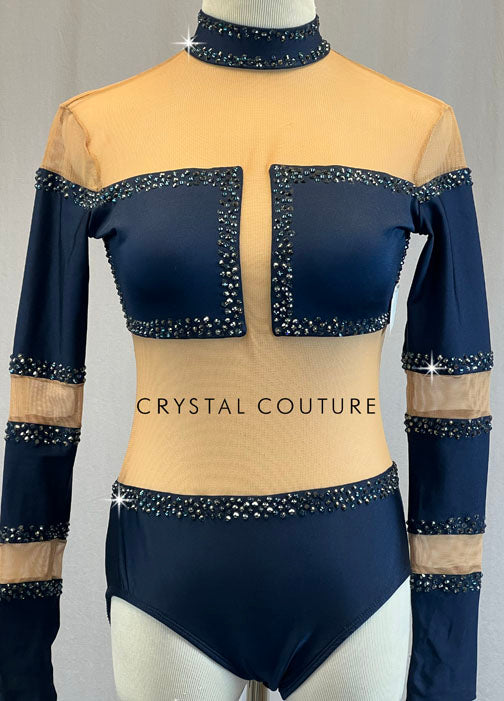 Navy Blue and Nude Mesh Wide Striped Leotard - Rhinestones
