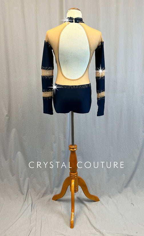 Navy Blue and Nude Mesh Wide Striped Leotard - Rhinestones