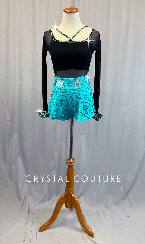 Custom Black Mesh Cuffed Leotard with Aqua Petti Shorts - Rhinestones