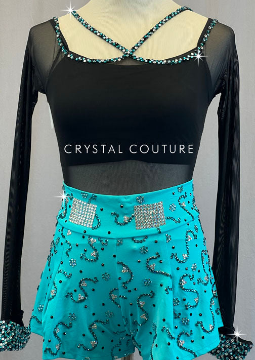 Custom Black Mesh Cuffed Leotard with Aqua Petti Shorts - Rhinestones