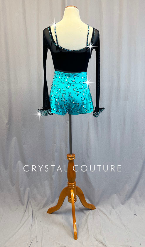 Custom Black Mesh Cuffed Leotard with Aqua Petti Shorts - Rhinestones