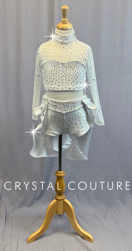 White Two Piece with Long Mesh Sleeves & Gathered Back Skirt - Rhinestones