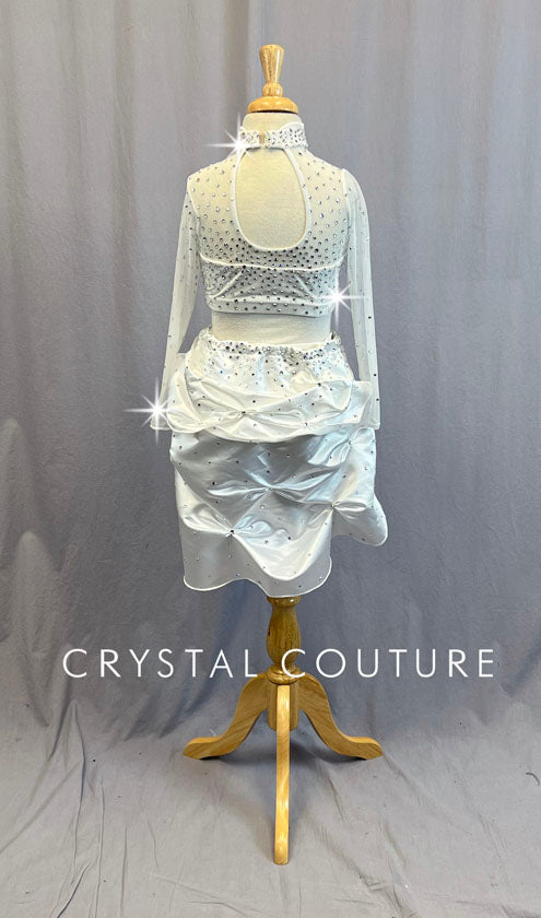 White Two Piece with Long Mesh Sleeves & Gathered Back Skirt - Rhinestones
