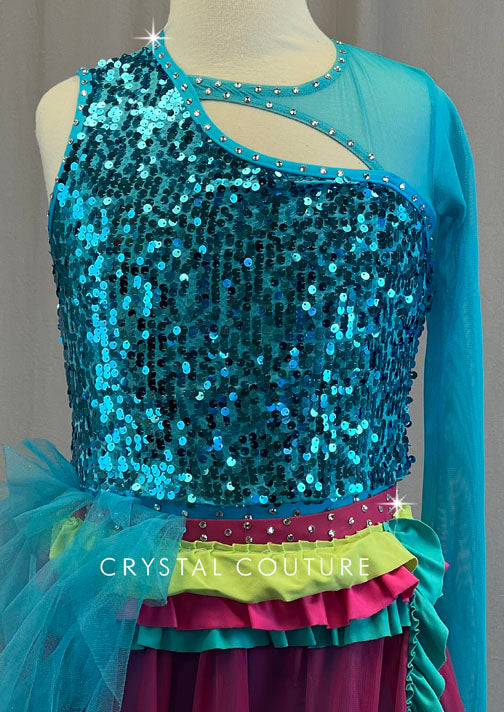 Sequined Blue Asymmetrical Leotard with Pink and Yellow Ruffled Skirt - Rhinestones