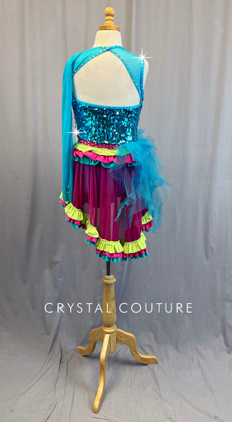 Sequined Blue Asymmetrical Leotard with Pink and Yellow Ruffled Skirt - Rhinestones