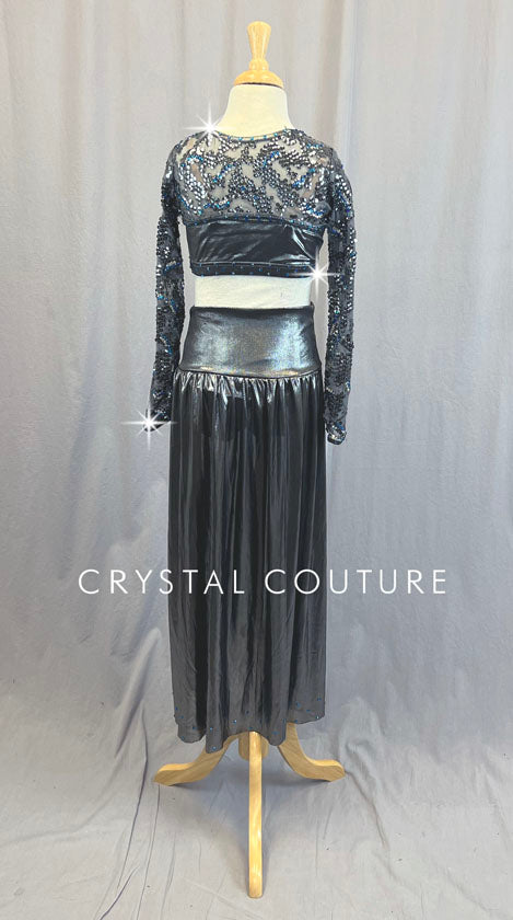 Pewter Sequined Two Piece with Back Skirt - Rhinestones