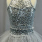 Grey Lace Sequined Top with Ruffled Tulle Skirt - Rhinestones